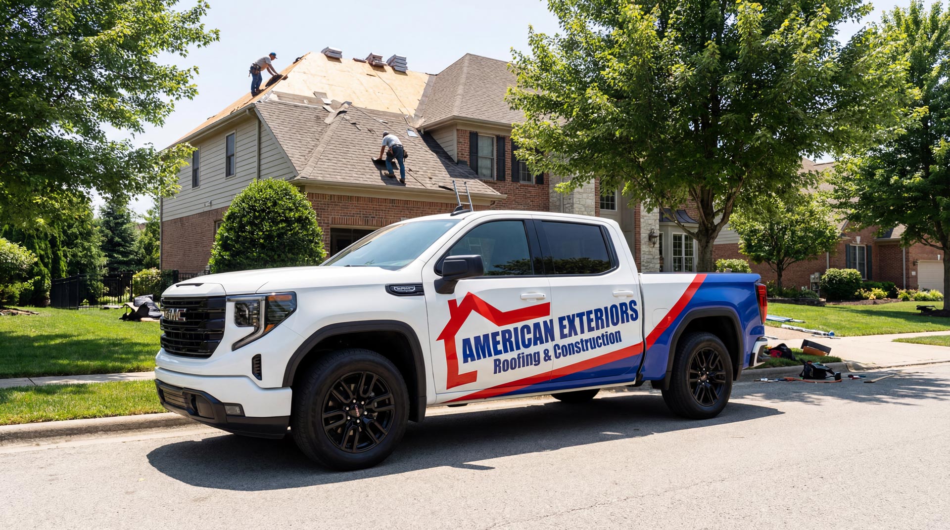 American Exteriors truck at Oklahoma roofing project site