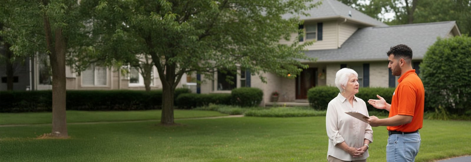 A roofing representative going over findings with a homeowner outside her house
